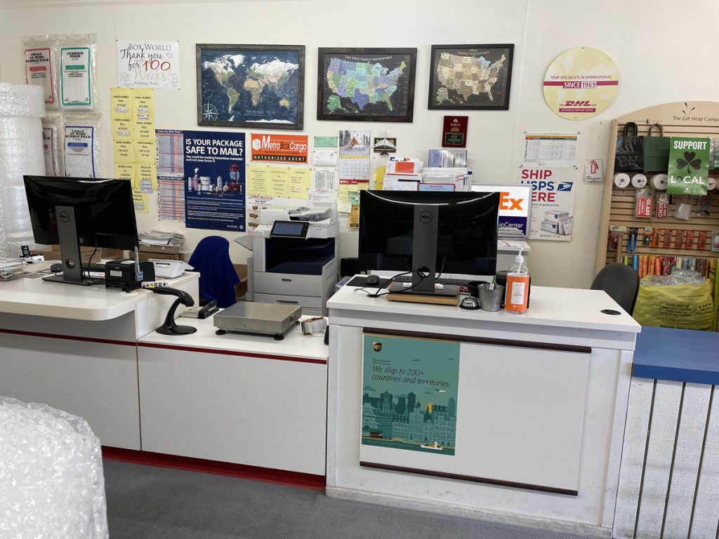 Retail checkout counter at Box World in Dublin where they pack and ship via UPS, FedEx, and USPS.