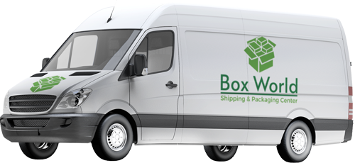 box-world-home-packaging-service-van White van with Box World logo painted on the van that is used for Home Packaging Service.